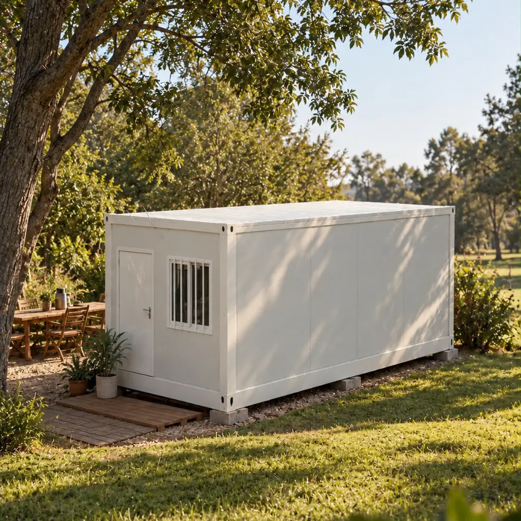 Cabaña modular bajo la sombra del árbol.webp