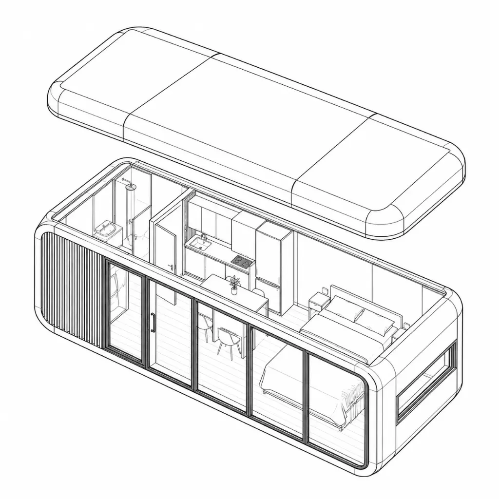 Vista isométrica explotada de cápsula modular.webp